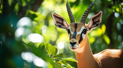 Antelope in forest foliage, curious and calm expression
