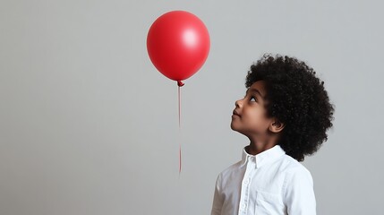 Child gazing at red balloon in air