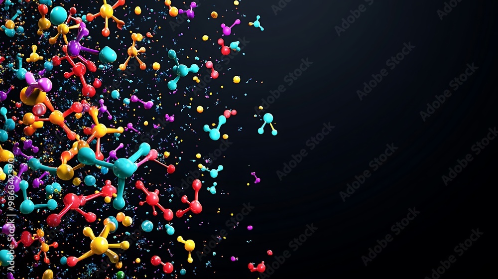 Poster abstract colorful molecular structure on dark background.