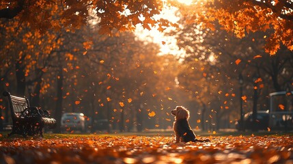 a serene poster for World Rabies Day showing a tranquil park scene with a dog playing fetch, surrounded by autumn leaves and soft golden light, in a photorealistic style