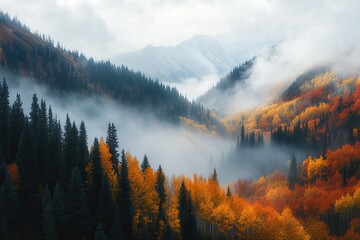 Fototapeta premium A misty fall morning in the mountains, with fog rolling through a valley of autumn-colored trees