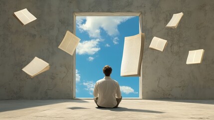 A man sits in contemplation, facing an open doorway revealing a vast blue sky.  Books float around him, symbolizing the boundless nature of knowledge, wisdom, and imagination.