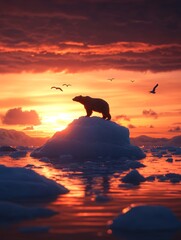 A majestic polar bear stands on a towering iceberg, silhouetted against a vibrant sunset, symbolizing resilience, power, and the beauty of nature's extremes. The scene evokes a sense of solitude, expl
