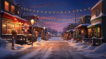 Street decorated for Christmas Eve, with colorful lamps hanging, snow on the ground and shops decorated for Christmas on both sides of the street