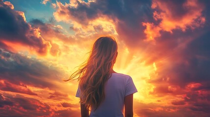 Fototapeta premium Female standing facing sunset with vibrant sky