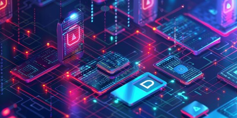 A dynamic visual representation of network security, highlighting layers of defense like firewalls, antivirus, and secure servers, to ensure comprehensive protection of digital assets