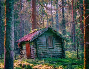 A shack in an ancient forest.