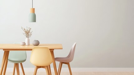 A minimalist dining room featuring a sleek wooden table with pastel-colored chairs. The simple design and neutral tones create a relaxing and inviting atmosphere.