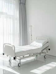 A minimalist hospital bed in a modern room with a large window letting in natural light. This clean and sterile setting evokes a sense of hope, recovery, and the importance of healthcare.