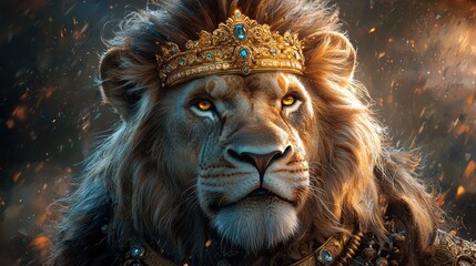 Fototapeta premium Majestic Lion King with Golden Crown and Blue Gemstones