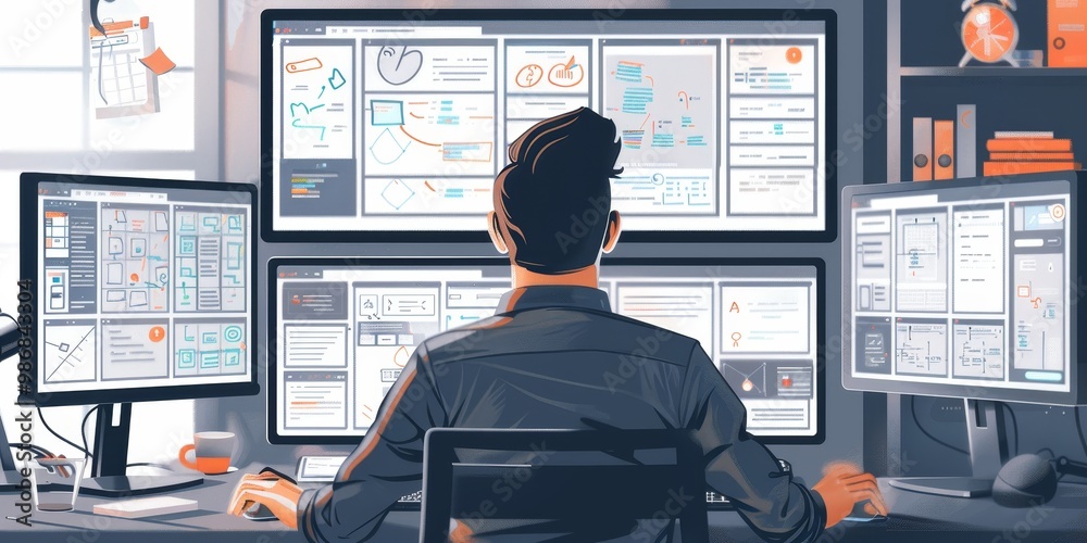 Aufkleber Office scene with a UX designer reviewing design concepts on multiple monitors, surrounded by sketches, wireframes, and user testing feedback, showcasing a meticulous workflow