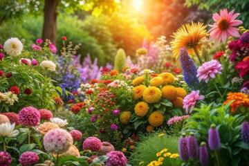 Vibrant garden of colorful flowers in sunlight