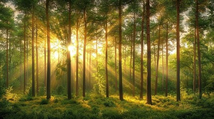 Fototapeta premium Sunbeams through Forest Trees at Sunrise