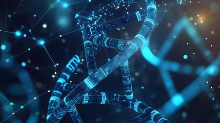 3D DNA helix structure with a biotechnology theme, featuring detailed molecular components and digital elements.