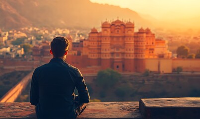 Fototapeta premium Silhouetted Man Gazing at the Hawa Mahal in Jaipur
