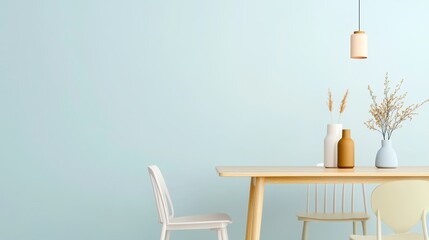 A minimalist modern dining area with a wooden table, pastel walls, and simple decor, creating a calm and inviting atmosphere.