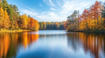 A serene fall nature scene, with colorful trees surrounding a calm lake