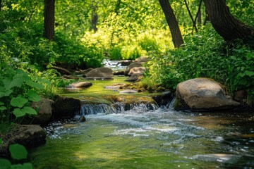 Obraz premium A serene outdoor nature scene with a calm river flowing through a forest full of vibrant greenery