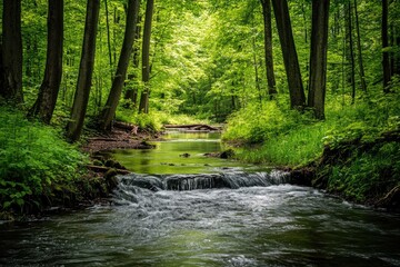 Fototapeta premium A serene outdoor nature scene with a calm river flowing through a forest full of vibrant greenery
