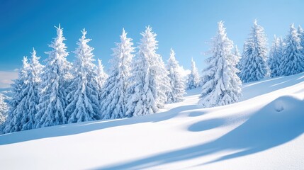 A snowy winter season landscape with pine trees blanketed in fresh snow under a clear blue sky