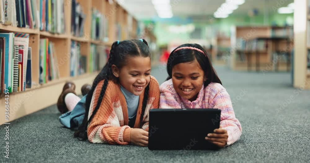 Poster children, tablet and studying for reading, development and education with e learning, playing and fu
