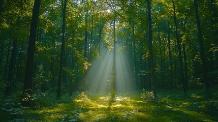 Obraz premium Sunbeams Through Green Forest Trees