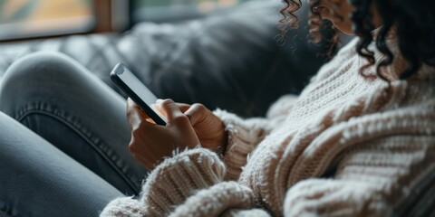 Fototapeta premium Close-up of a womanG??s hand interacting with a smartphone, featuring a clear, user-friendly screen and a stylish, muted background for a contemporary look