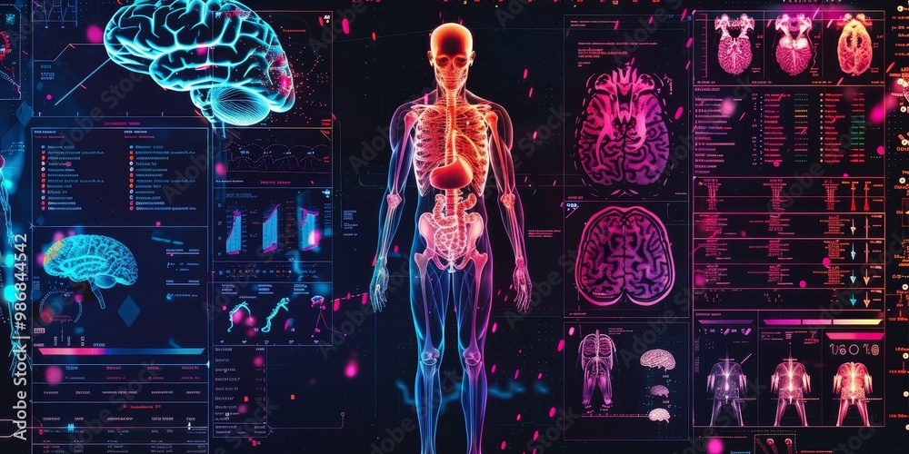 Poster Intricate and colorful PET scan showcasing various activity levels in the human body with vibrant heatmaps, perfect for research, healthcare, and medical visuals