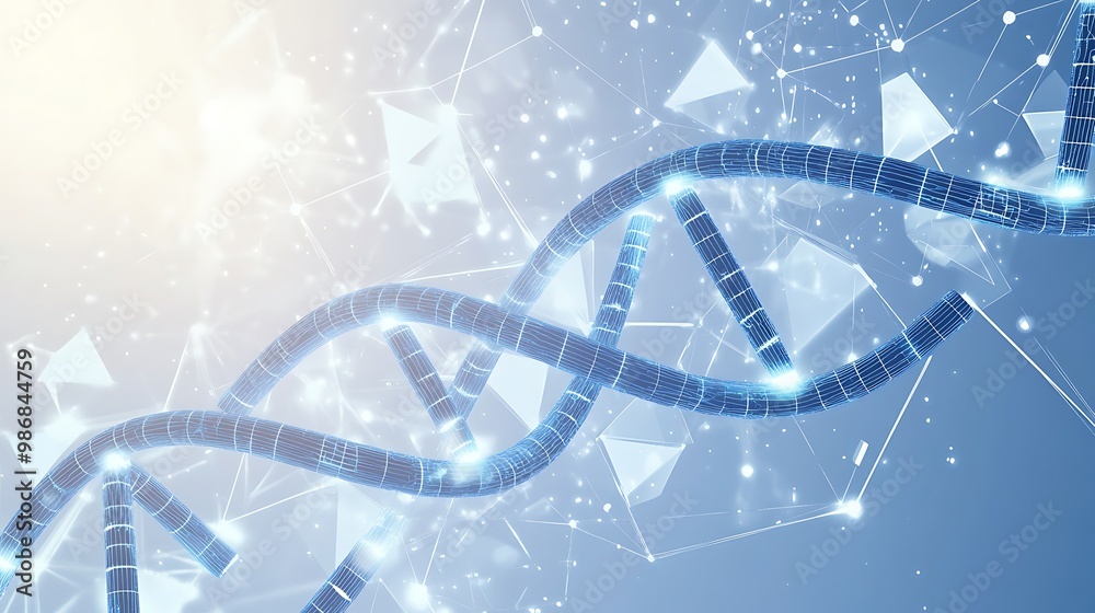 Poster abstract 3d rendering of a dna double helix with glowing blue lines and a network of connected dots 