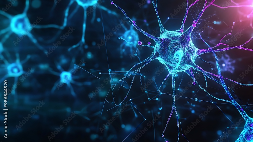 Aufkleber A close-up of a neuron network. The neurons are shown in blue and purple with glowing accents. The network is shown on a dark background with glowing lines connecting the neurons.