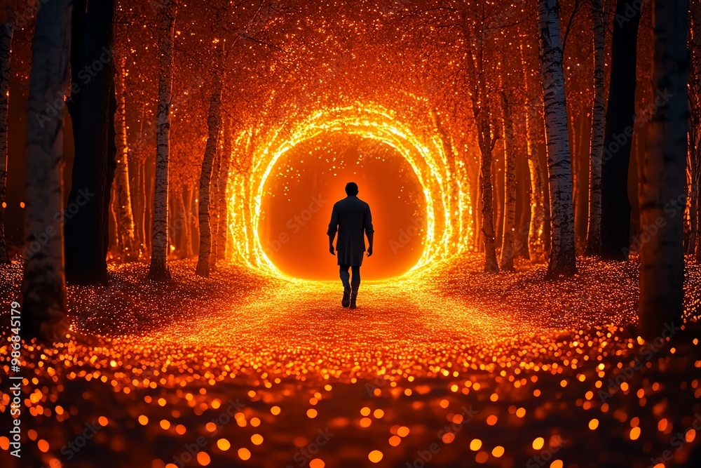 Poster morpheus walking through a glowing orange forest, where the trees shimmer with the warm light of dre