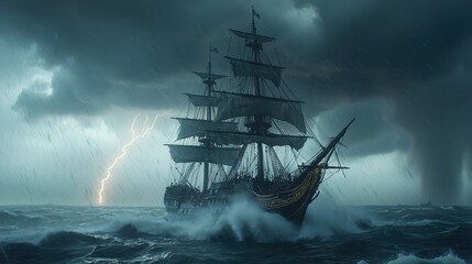 Sailing Ship in a Storm with Lightning and Rain