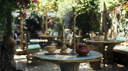 
Green trees and colorful flowers around many tables while enjoying hookah, tea and beautiful views.