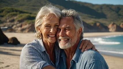 mature couple hugging and smiling at camera on beach