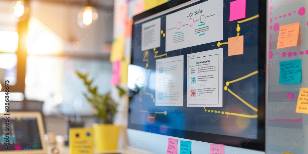 Aufkleber Close-up of a UX designer's workspace, featuring a computer with design software open, user flow diagrams, and color palettes, representing a focused design environment