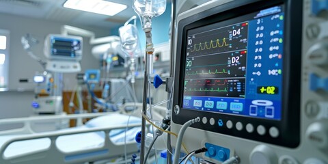Fototapeta premium Ventilator setup in an ICU, with a focus on the machine's screen showing patient data, surrounded by life support apparatus and connected medical devices for intensive monitoring