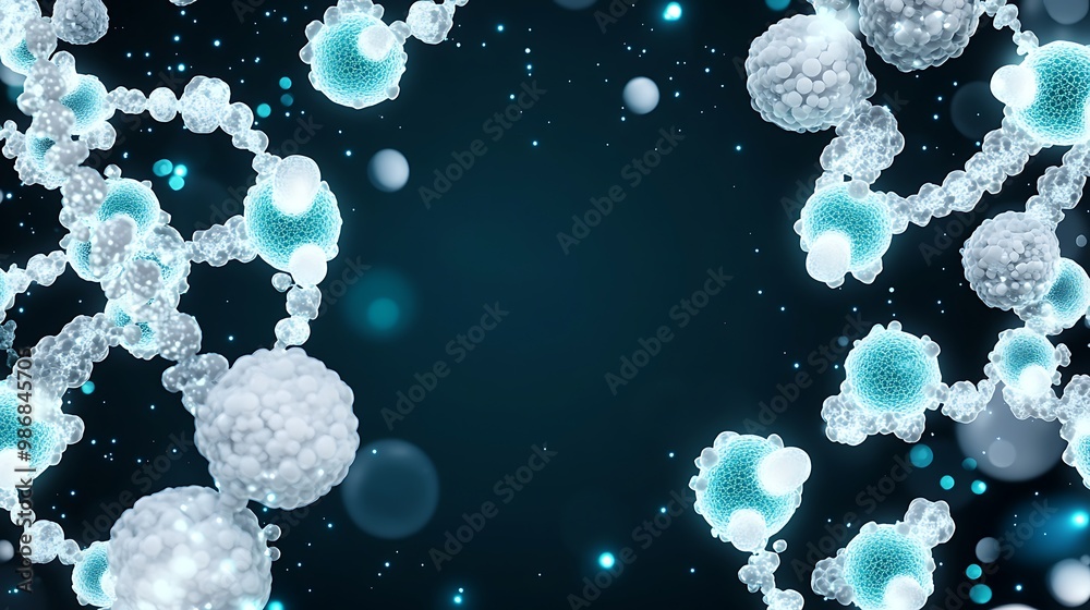 Poster abstract 3d rendering of a dna molecule with blue and white spheres on a dark background.