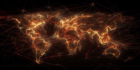 Global map with radiant communication lines linking continents, depicting the expansive and interconnected digital communication networks across the world