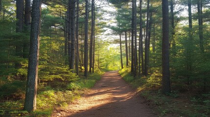 Obraz premium An outdoor hiking trail winding through tall pines, with sunlight filtering through the branches