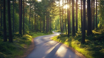 Fototapeta premium An outdoor travel adventure on a winding road through a forest, with tall trees lining the path