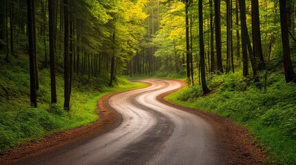 Obraz premium An outdoor travel adventure on a winding road through a forest, with tall trees lining the path