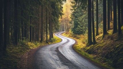 Obraz premium An outdoor travel adventure on a winding road through a forest, with tall trees lining the path