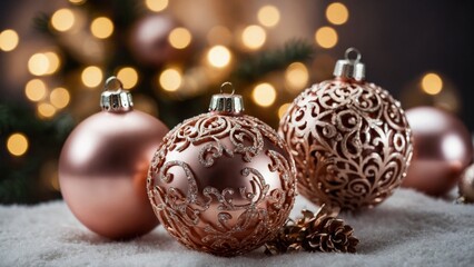 christmas balls and fir tree on wooden background. new year and christmas concept.