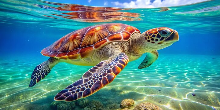 Vibrant hues and intricate patterns adorn the sea turtle's shell as it glides through clear waters.