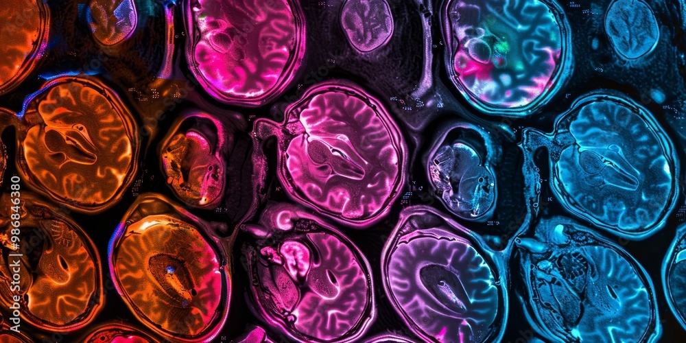 Poster Brightly colored PET scan image with diverse hues representing different metabolic levels, ideal for use in educational materials and medical research presentations
