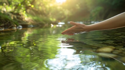A hand lightly touches the clear green water of a river, reflecting the surrounding natural landscape on a bright sunny day.