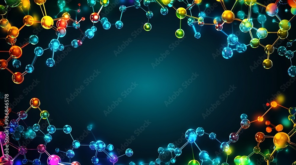 Poster a frame of colorful molecule models on a dark blue background.