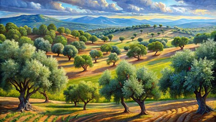 Vibrant hues of green and gold adorn the olive trees, their twisted branches woven together by gentle brushstrokes,