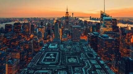 Futuristic Cityscape with Digital Interface Overlay at Sunset