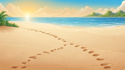 Fototapeta premium Sandy Beach with Footprints Cartoon Background Design